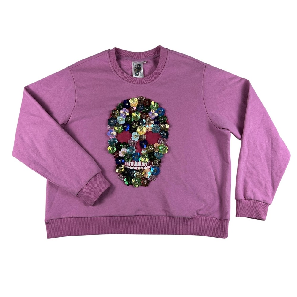Queen Of Sparkles Sweatshirt Womens Small Pink Sequin 3D Floral Skull Pullover